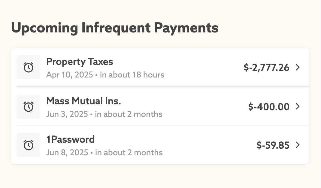 A screenshot showing upcoming infrequent expenses